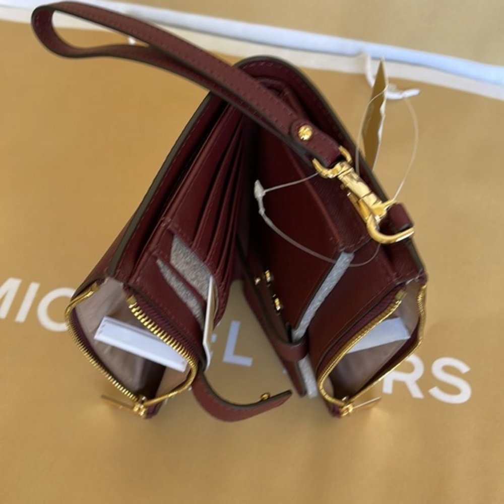 Michael Kors Jet Set Travel Large Double Zip Wristlet Wallet Dark Cherry Leather - Picture 9 of 16